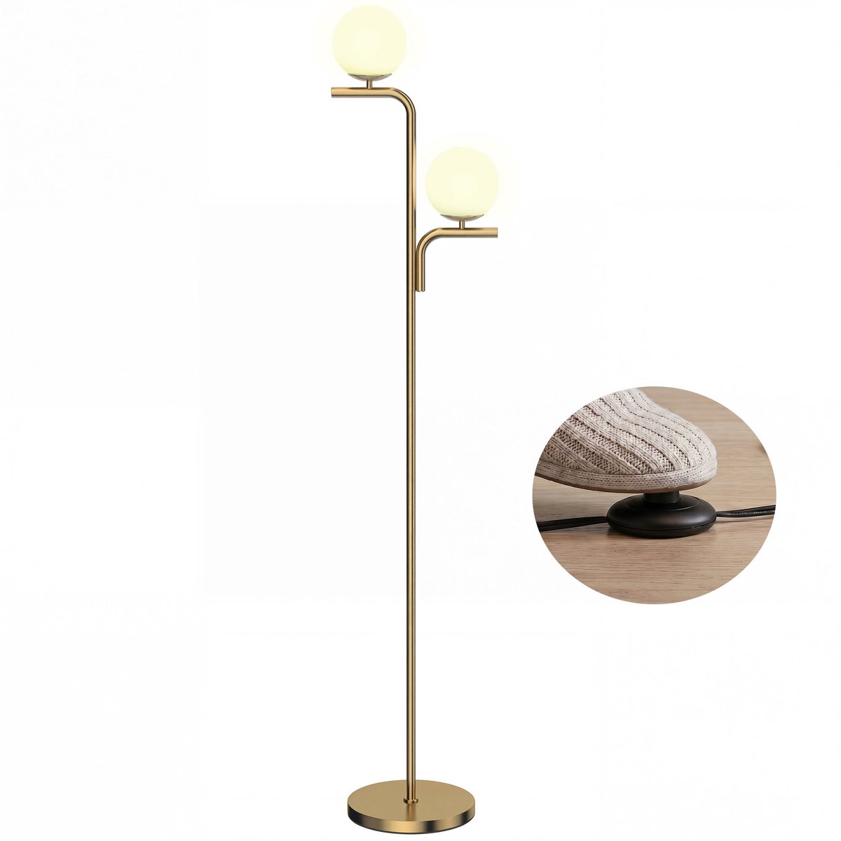 TEKROA® Vloerlamp Goud - Staande Lamp met Glazen Bollen - 3 Lichtkleuren - Incl. 2x E27 - Voetschakelaar - Woonkamer