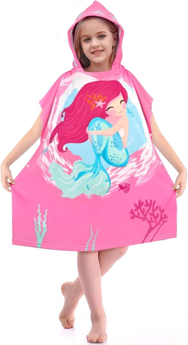 Hooded Poncho Strandhanddoek voor Meisjes - Super Absorberend, Geschikt voor Kinderen van 6-12 Jaar, 75 x 150 cm met Zeemeerminstaart Design