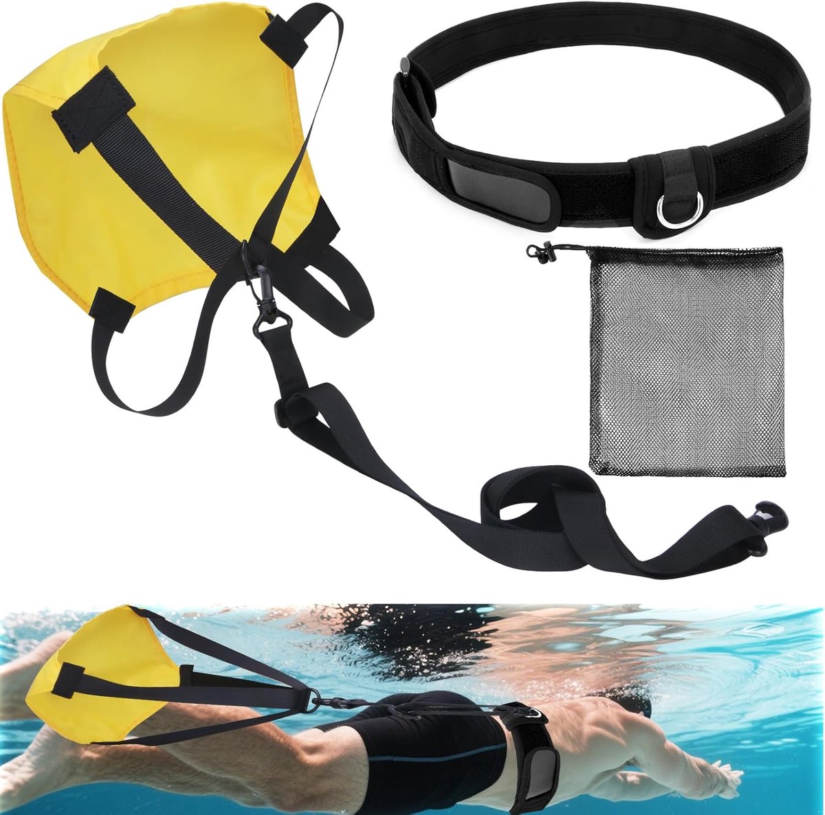 Zwemparachuute - Weerstandsparachuut - Zwemriem 360° - Zwemtraining Accessoire - Trainingshulp - Verhoogt de weerstand en kracht tijdens zwemmen, inclusief riem en opbergzak - Nylon - 40 cm - Voor Zwemtraining - Geel