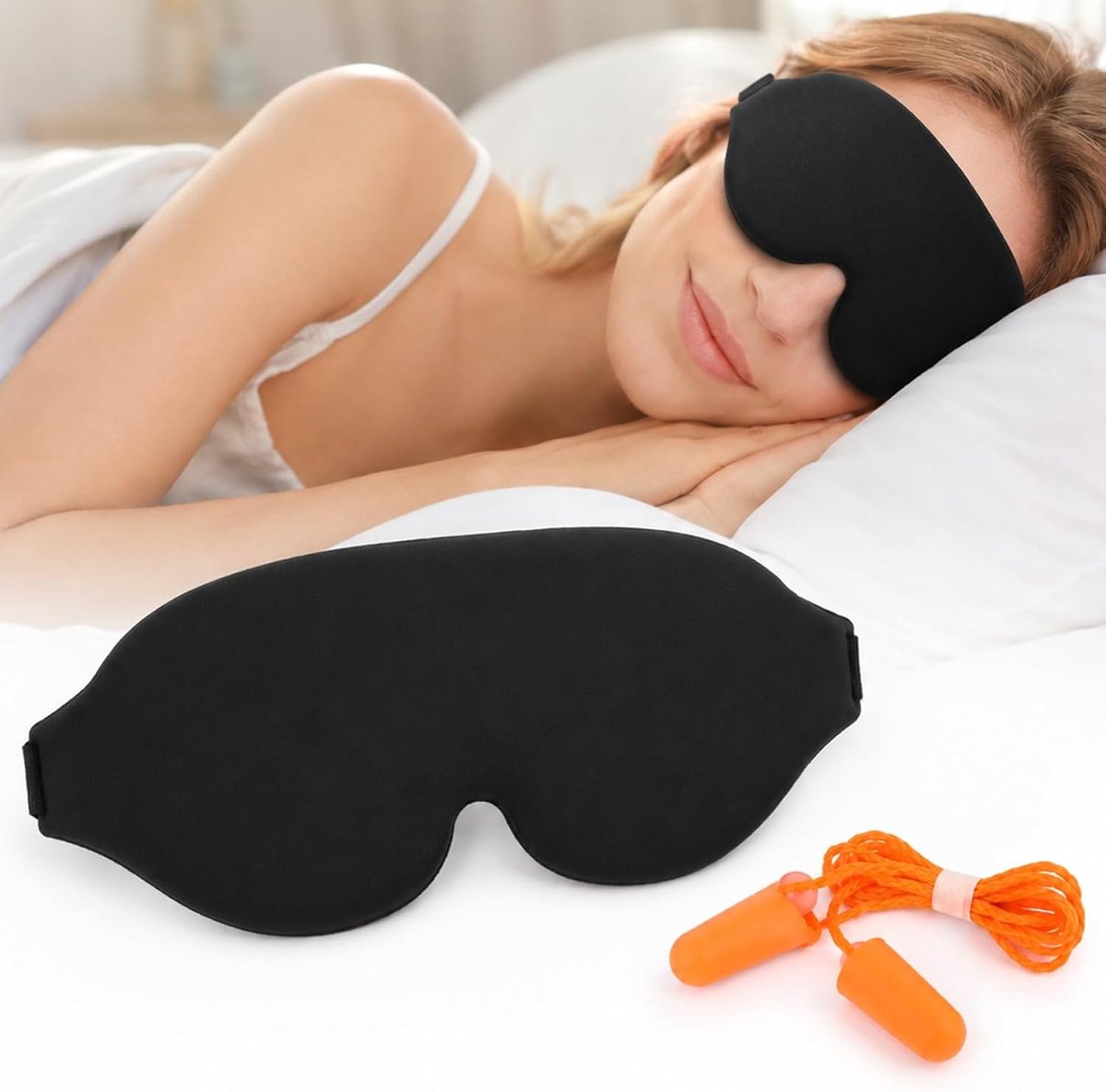 Thijox - 3D-slaapmasker met oordopjes, ergonomisch, anti-licht, zwart, ideaal voor slapen, dutje, reizen, comfortabel en lichtgewicht
