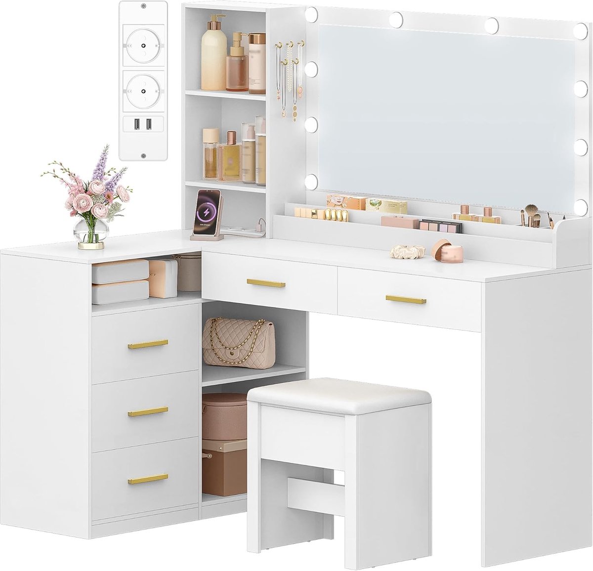 Hzuaneri Hoek Kaptafel met Kruk, Kaptafel met Spiegel-Ledverlichting, Instelbare Helderheid, Stekkerdoos, Kaptafels met 5 Lades, Meerdere Open Vakken, 40 × 120 × 139 cm, Wit