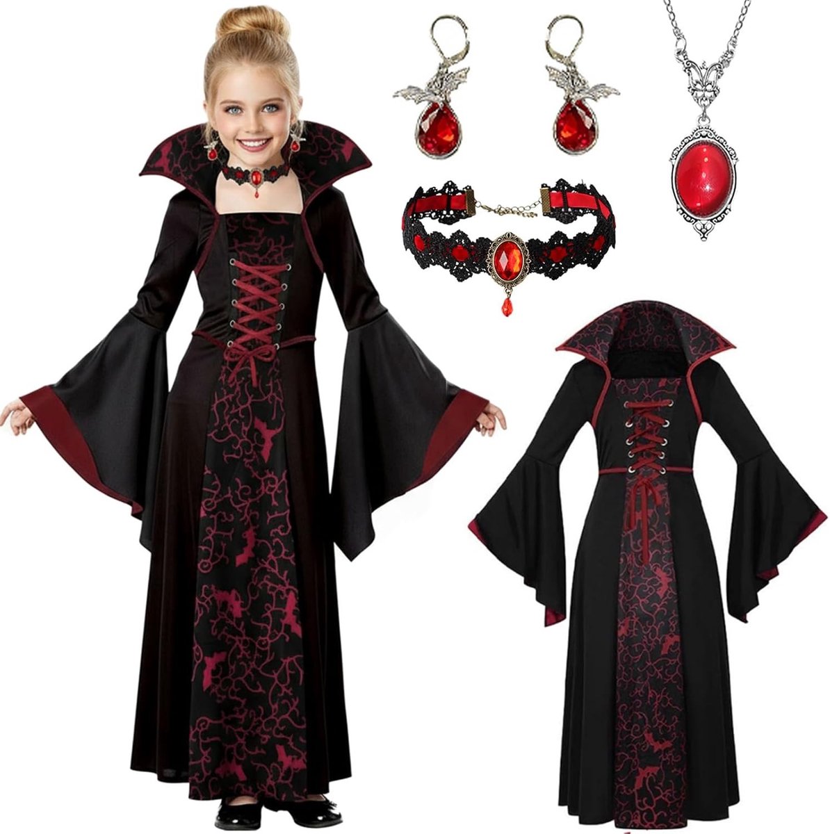 Vampier Kostuum voor Kinderen met Choker, Oorbellen en Accessoires voor Halloween en Carnaval Feestjes