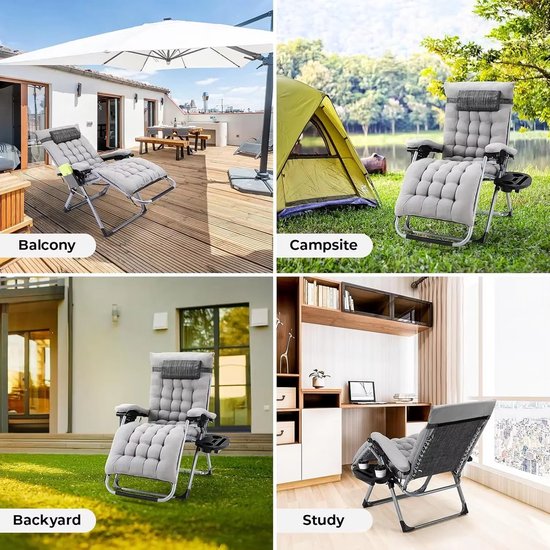 Opvouwbare Ligstoel met Hoofdsteun en Bekerhouder - 2 stuks - 5 Verstelbare Standen - Inclusief Comfortabel Kussen - Ideaal voor Camping, Tuin, Terras & Strand - Zwart — afbeelding 4