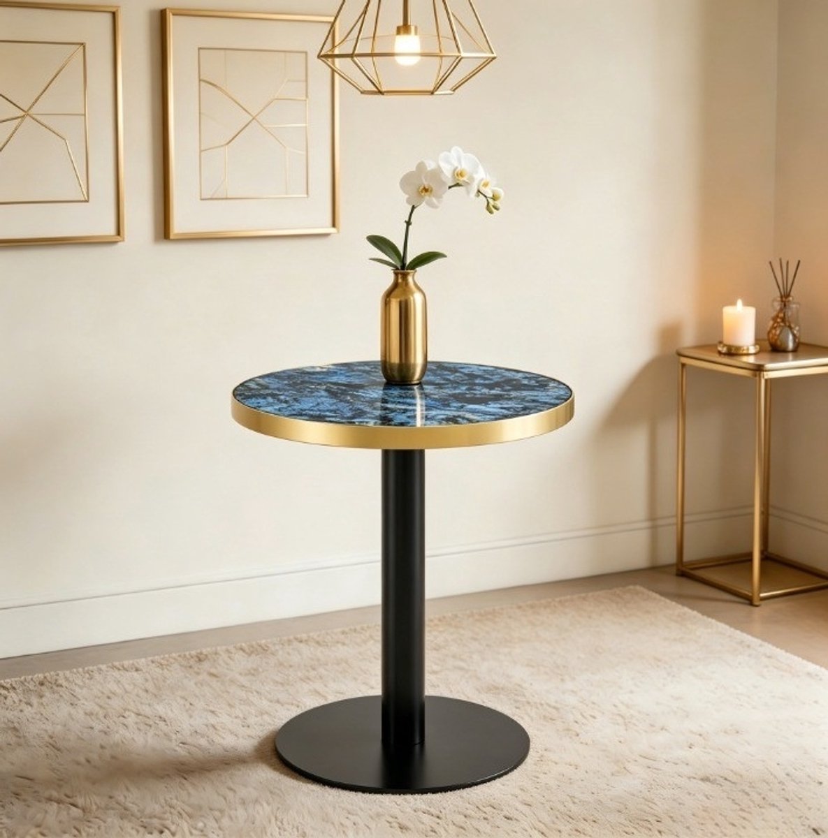 OKWISH Bijzettafel – Rond Design Met Marmerlook – 60 x 60 x 73,7 cm – Gouden Rand – Modern Voor Woonkamer Slaapkamer Balkon – MDF Blauw