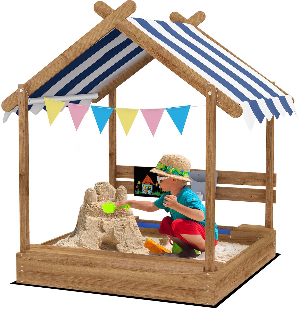 ECTEATOY® Houten Zandbak met Zonnedak en Speelgoed - Speelhuisje Design - Massief Hout - 124x116x146 cm - Bruin