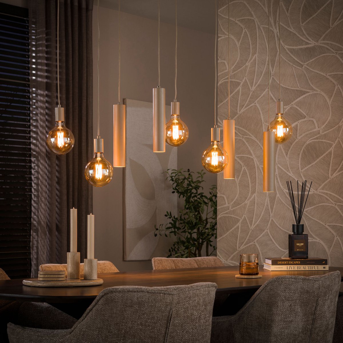 PS-Collection Hanglamp Beige Metaal Cilinder 9-lichts - Senso - hanglampen eetkamer, hanglamp zwart, hanglampen woonkamer, hanglamp slaapkamer, hanglamp kinderkamer, hanglamp rotan, hanglamp hout, hanglamp industrieel