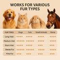 Een grafiek die de geschiktheid van het product voor verschillende haartypes van honden, katten, kleine dieren en paarden weergeeft, met sterren die de effectiviteit aangeven.