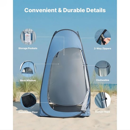 Opvouwbare Tent (1219x1219x2134 mm) Waterdichte Privétent met Omkleedruimte, Inclusief Haringen, Touwen, Draagtas en Ophangtas, Gemaakt van 190t Polyester voor Kamperen, Strand en Vissen, Blauw — afbeelding 5
