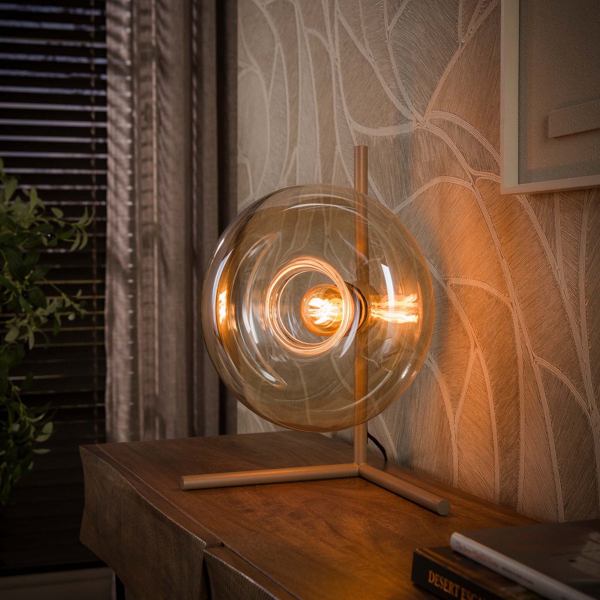 PS-Collection Tafellamp Beige Glas Metaal 1-lichtpunt - Soll - tafellamp slaapkamer, tafellamp industrieel, tafellampen woonkamer, tafellamp zwart, tafel lamp, tafellamp slaapkamer industrieel, tafellampje