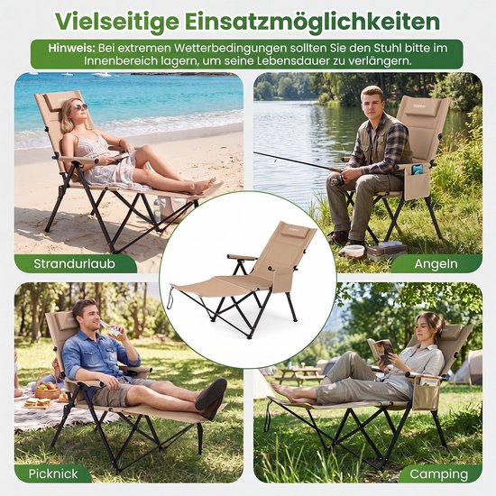 COSTWAY Campingstoel met voetensteun, inklapbare ligstoel (kaki) - 4-voudig verstelbare rugleuning, hoofdsteun en zijvak, tuinstoel, strandstoel, klapstoel voor kamperen van Costway — afbeelding 2
