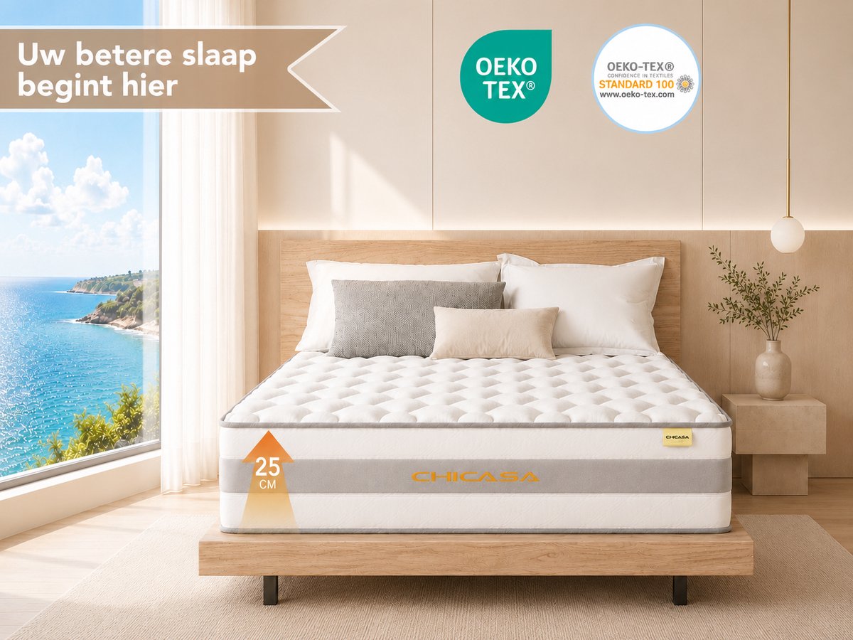 CHICASA Matras 140x200x25 cm – Pocketveringmatras – 7-Zones – HR Koudschuim – H3 hardheid – Oeko-tex
