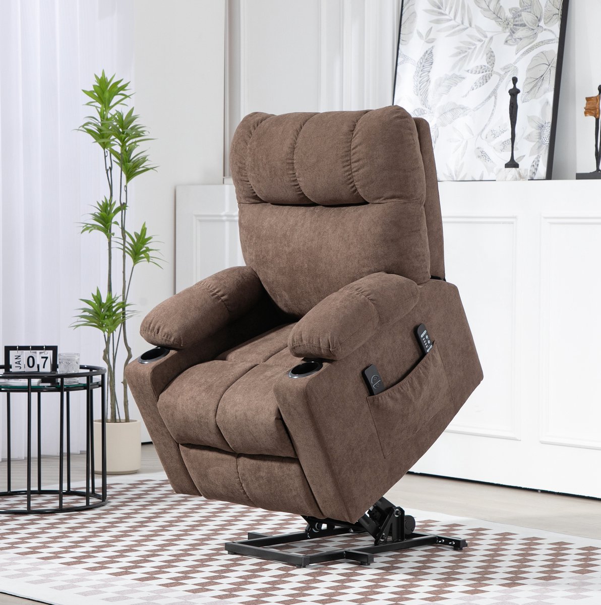 FloraGrace Relaxfauteuil Elektrisch Met Opsta Hulp En Ligfunctie Voor Woonkamer En Tv Hoek Met Massage En Verwarming Velours Bruin