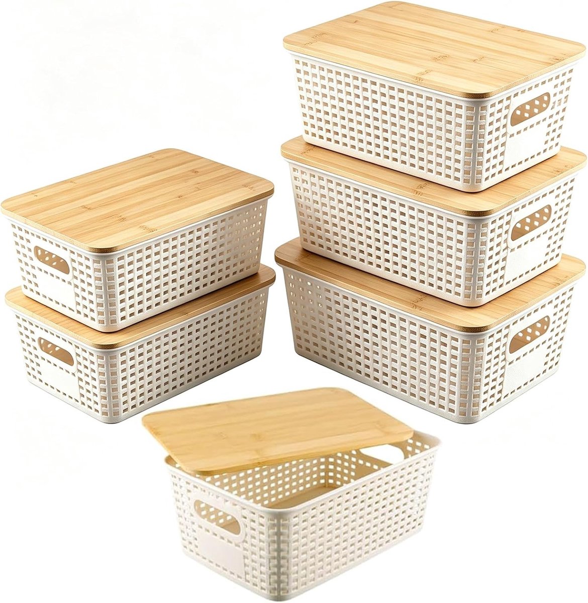 Opbergdozen met Bamboedeksel, 25 x 18 x 10 cm, Witte Plastic Dozen, Stapelbare Rieten Mand, Handige Oplossing voor Keuken en Badkamer, Set van 6
