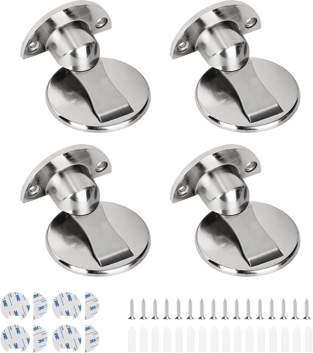 Set van 4 Magnetische Deurstopper met Zinklegering, Inclusief Plakstickers en Schroeven, Beschermt Muur en Deur tegen Schade