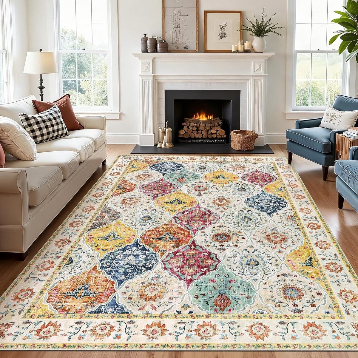 Wasbare vloerkleden voor de woonkamer - Kleine, zachte en fluffy boho marokkaanse tapijten, antislip vintage vloerkleed voor slaapkamer en eetkamer, 90 x 150 cm, kleurrijk en traditioneel floral design