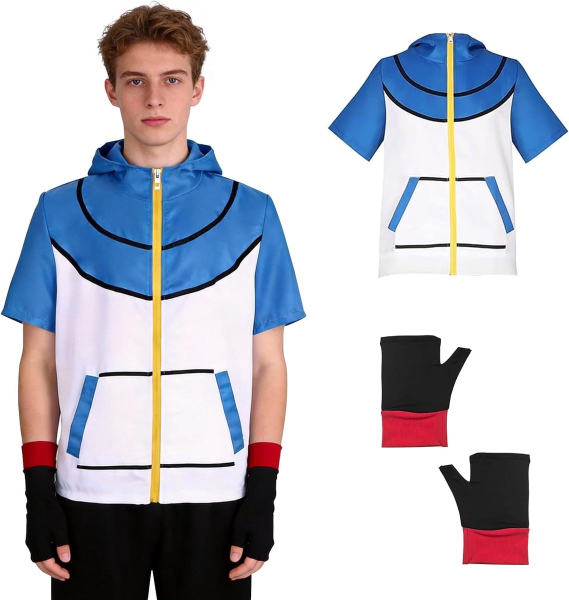 Anime Cosplay Kostuum voor Volwassenen met Blauwe Hoodie en Handschoenen - Perfect voor Carnaval, Halloween en Feestjes