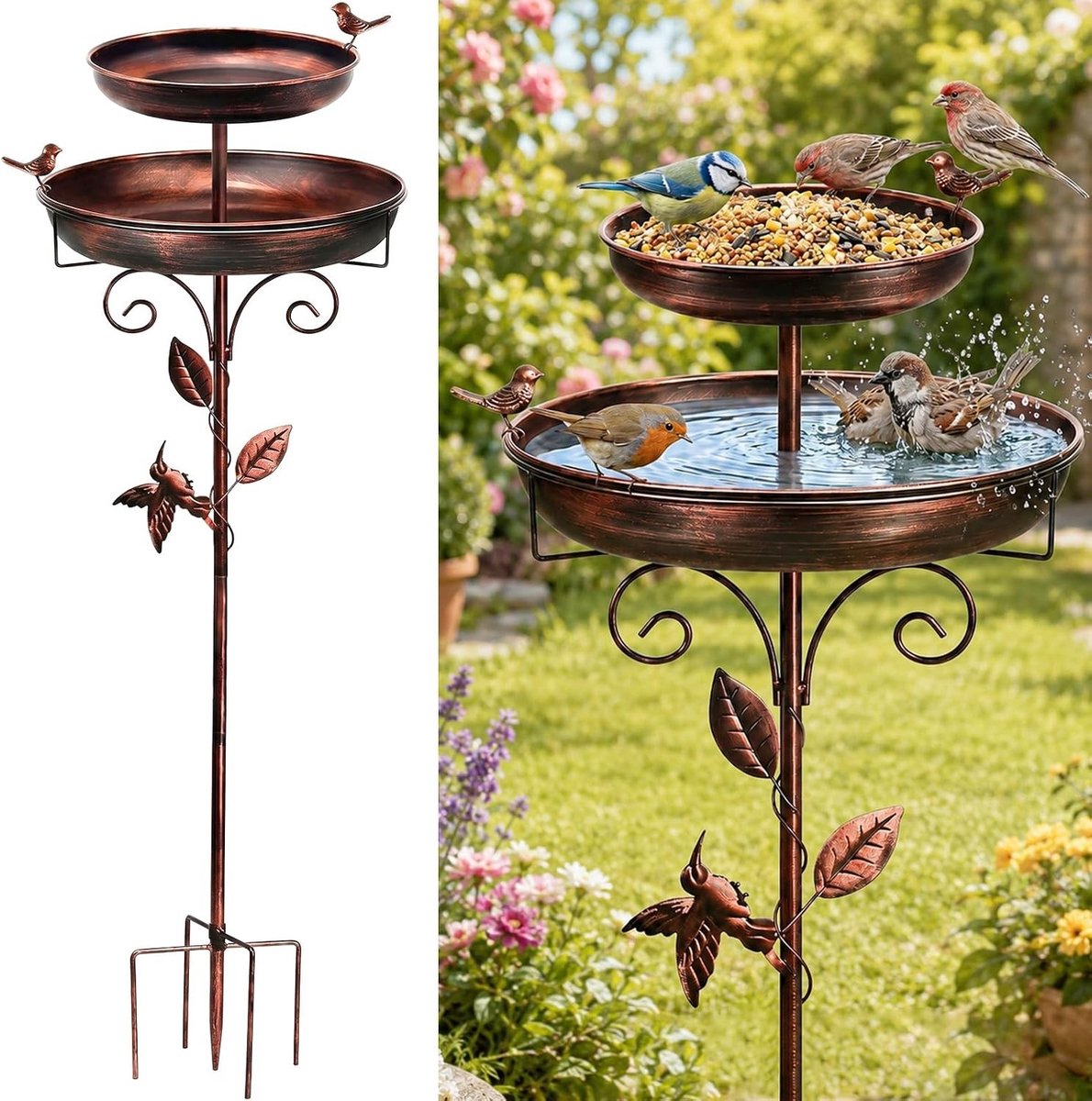 Dubbellaags metalen vogelbad voor de tuin, waterbak en drinkbak voor vogels, vogelvoederdispenser