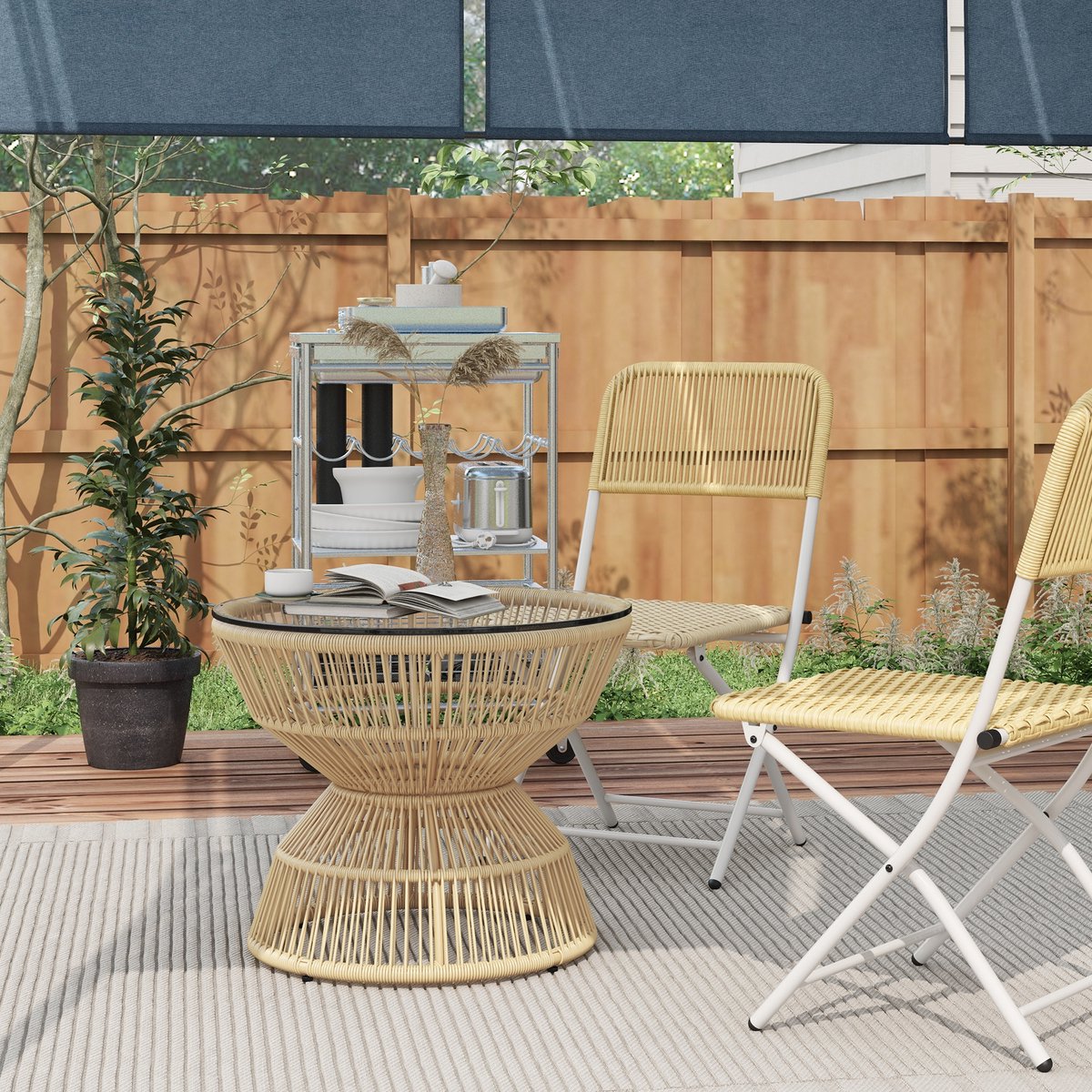 FloraGrace Bijzettafel - Boho Tuintafel Met Gehard Glazen Blad - Voor Balkon En Terras - PE-Rattan En Metaal - Rond 60x60x50 Cm - Naturel
