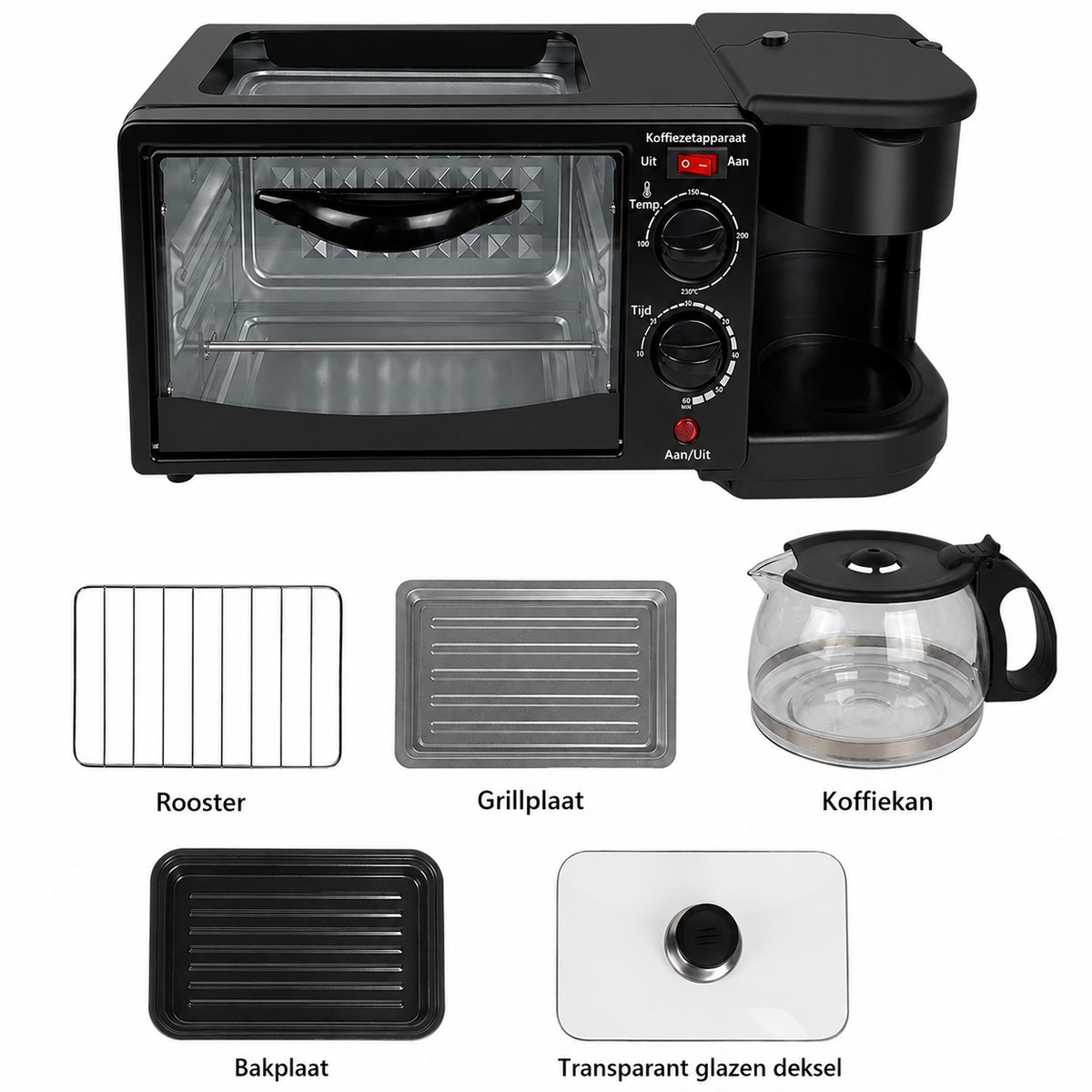 Sello! ontbijtstation – 3 in 1 – koffiezetapparaat 6 liter – oven – bakplaat – timer – compact L18 x B46 x H 19,5 cm – zwart