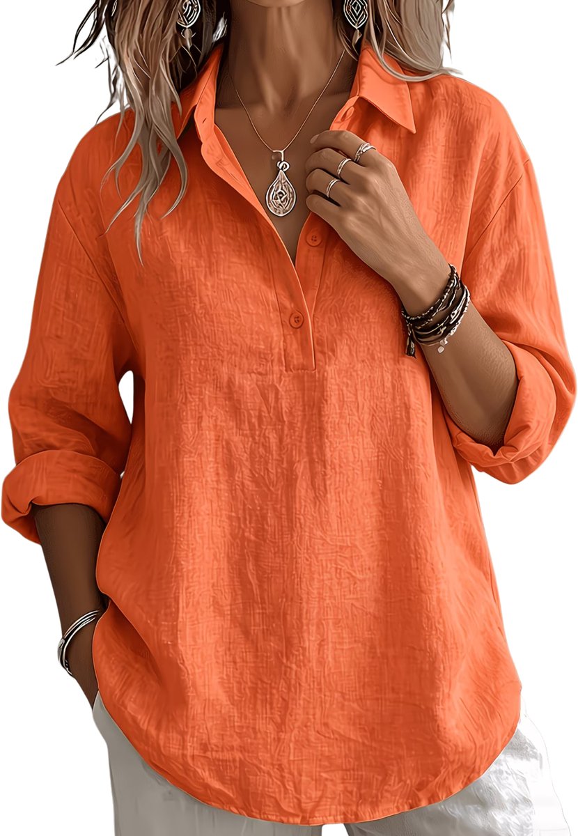 Currero Linnen Blouse Dames T-Shirt Polo Overhemd Shirt Zomer Ibiza Stijl Oranjerood