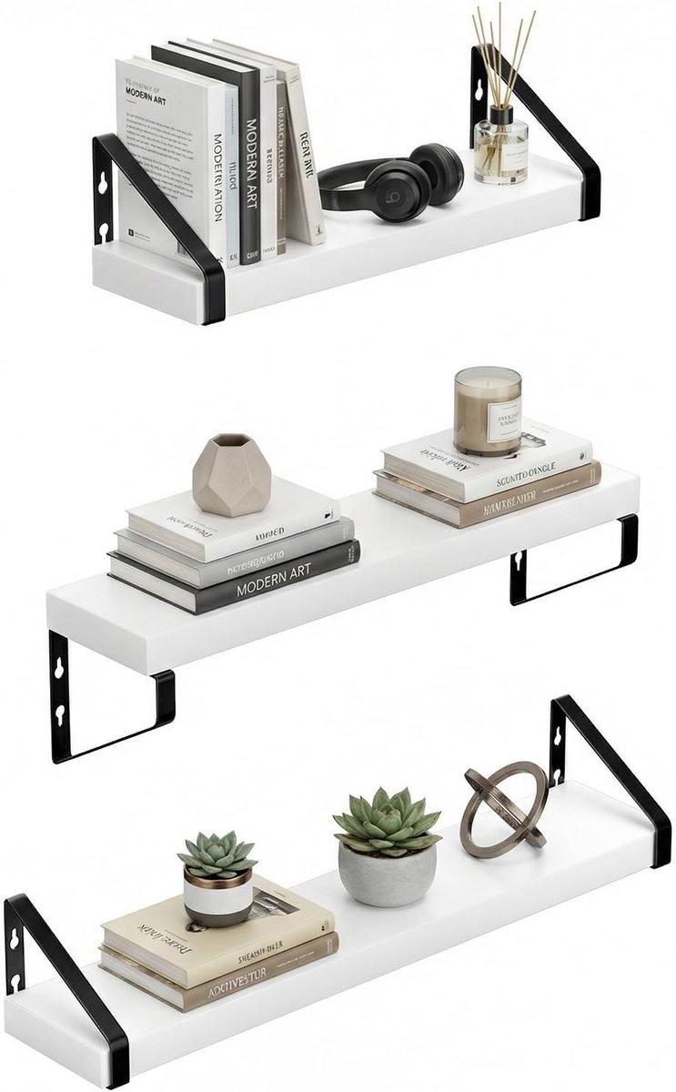 Wandplankenset van hout en metaal, 3 stuks, ideaal voor woonkamer, slaapkamer, kantoor en badkamer, 40/50/60 cm, wit en stijlvol