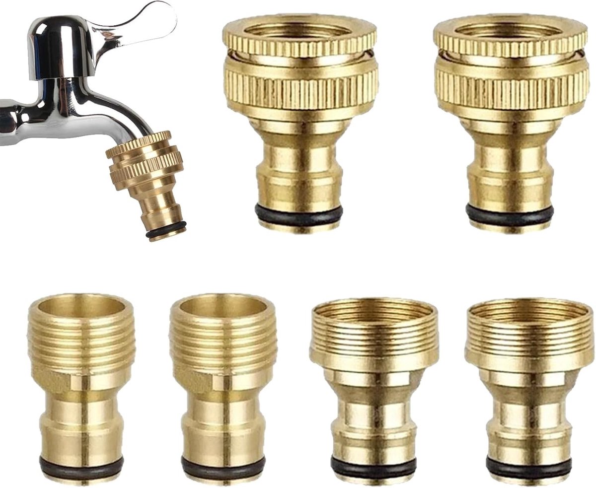 6 stuks messing kraanadapters, universele 2-in-1 kraanaansluitingen 1/2 en 3/4 inch, tuinslangaansluiting voor tuin en buitengebruik