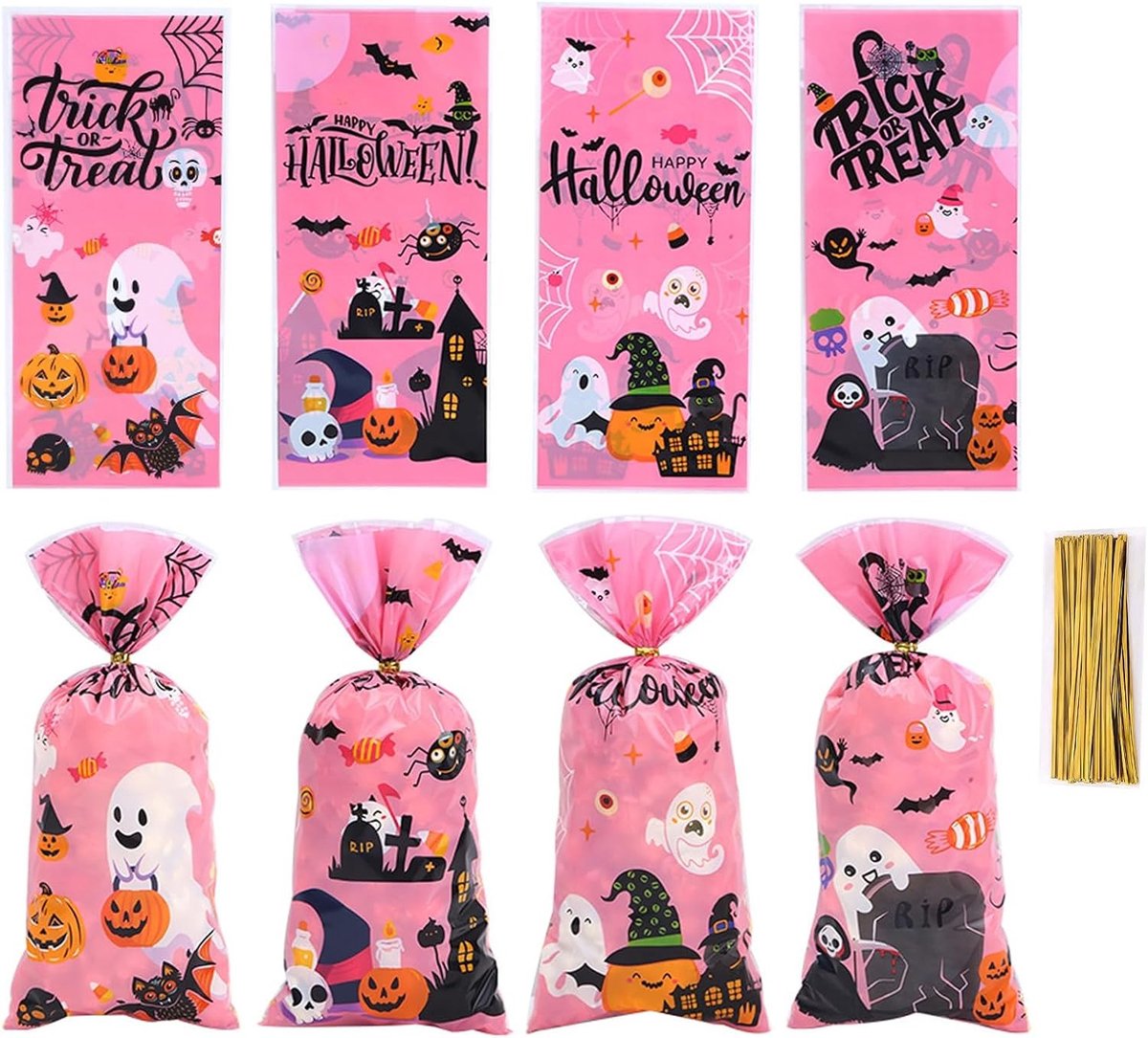 50 Stuks Halloween Snoepzakken van Plastic met Draai-Touwen voor Snacks, Koekjes en Chocolade Treats