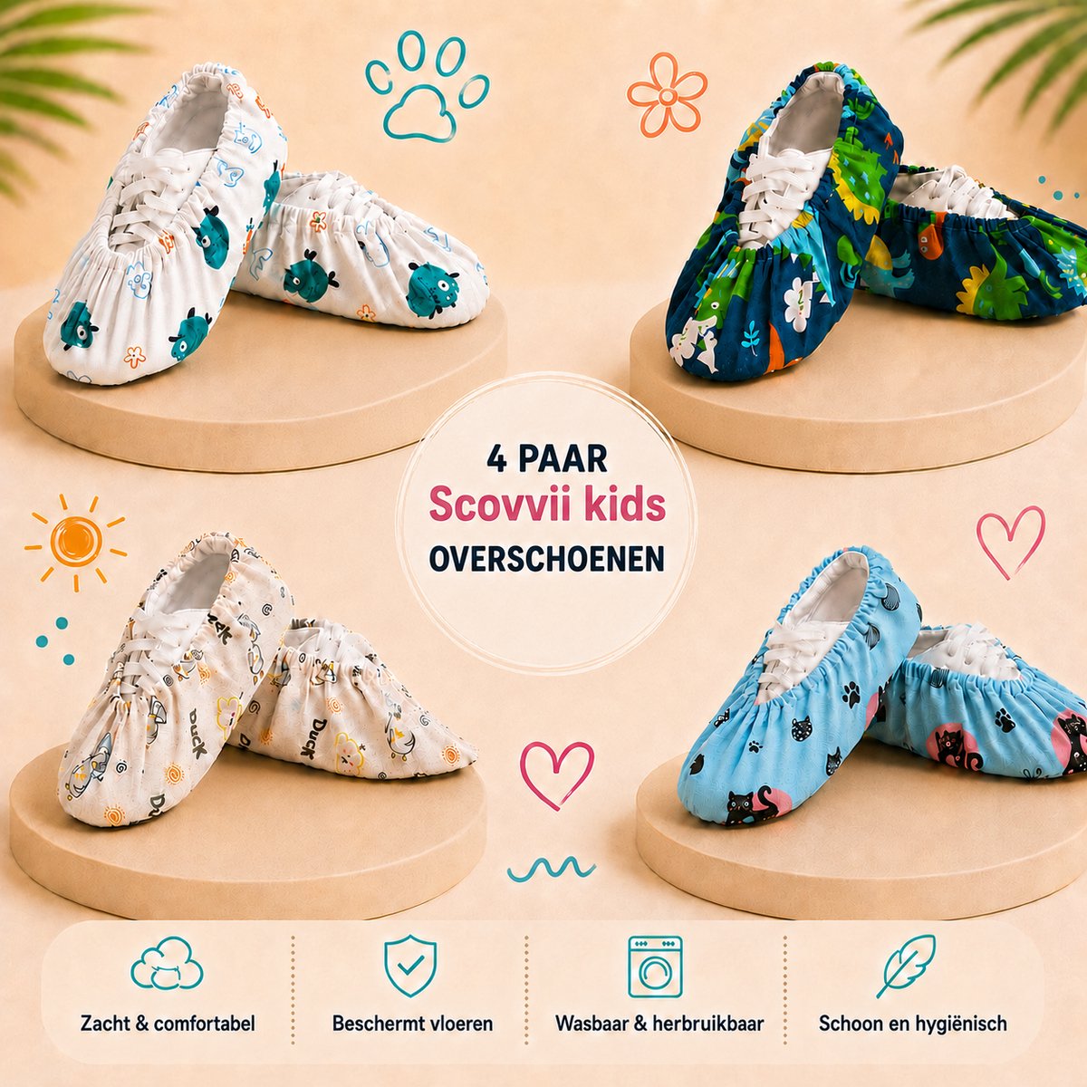 Scovvii Kids overschoenen | 4 paar | Wasbaar en herbruikbaar | schoenovertrekken voor kinderen