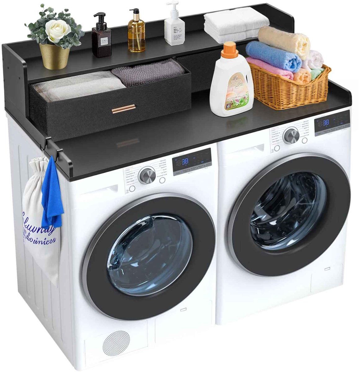 Casa Living Wasmachine Organizer - Wasmachine Opbouwkast met 2 Lades - Opbergplank - Met Zijhaken - 137x70x30,5CM - Zwart