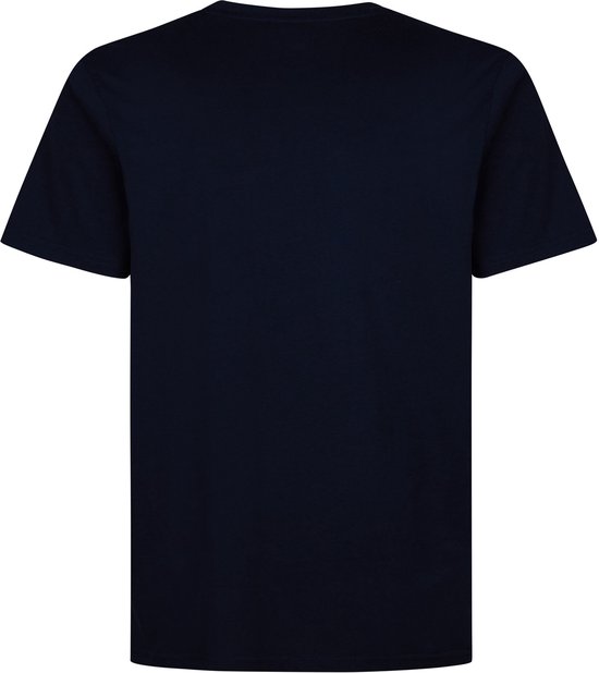 Donkerblauw t-shirt met korte mouwen, achterkant.