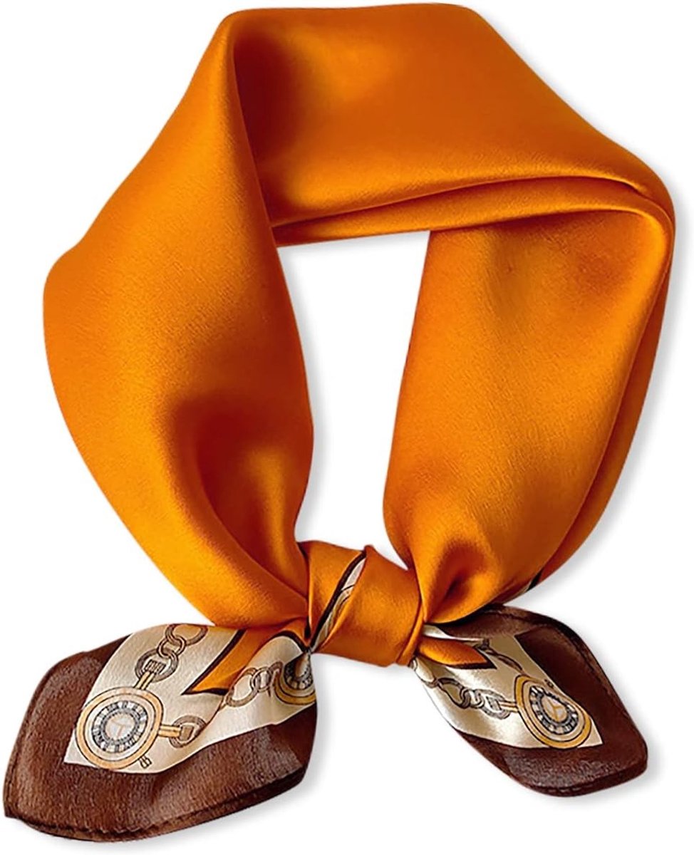 Zijde Sjaal voor Vrouwen - Kleine Vierkante Vintage Sjaals met Print en Effen Kleur - Lichtgewicht en Zacht Accessoire voor Haar en Mode, oranje