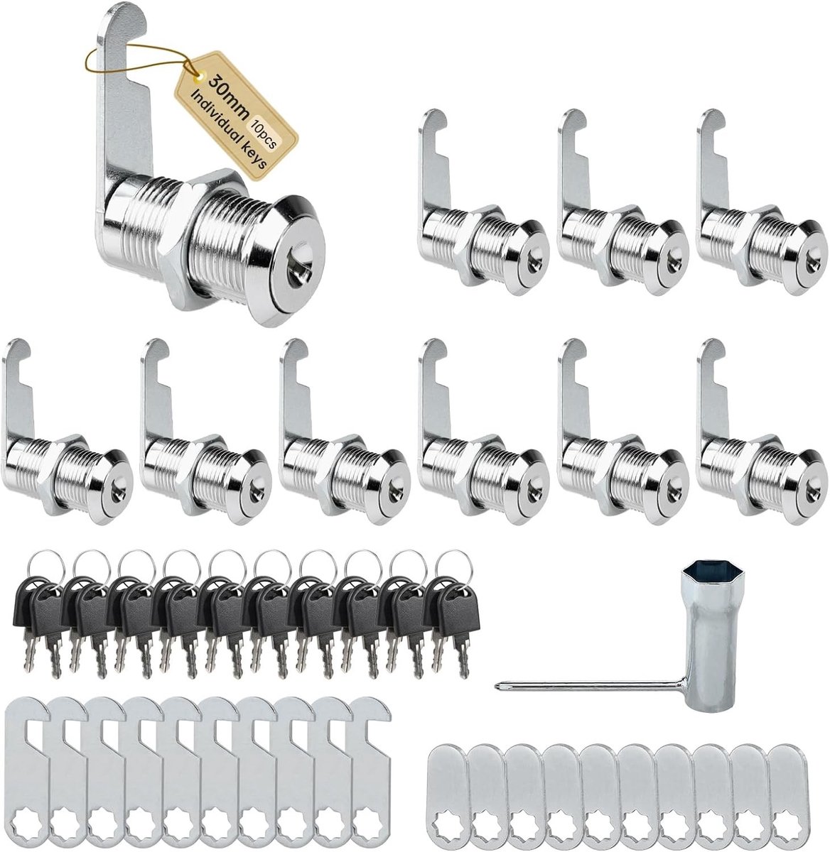 Set van 10 Deursloten voor Postbussen, 30 mm Meubelslot met 2 Verschillende Slotenplaten en 20 Sleutels, Ideaal voor Kasten, Laden en Meubels