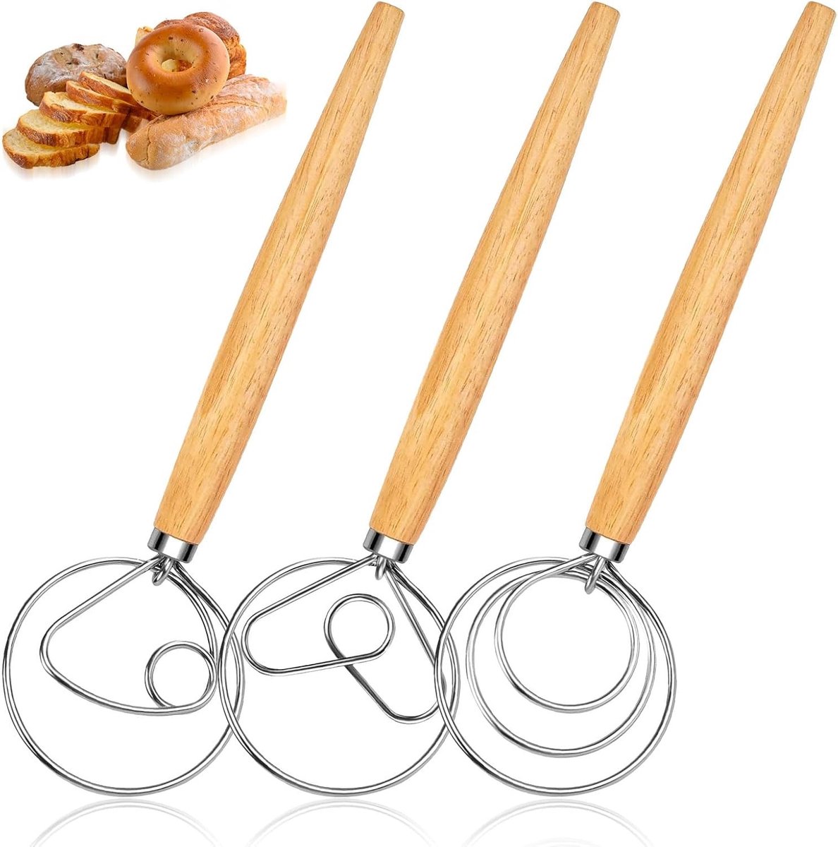 3-delige Deense garde van 33 cm met houten handvat - Keukenhulp voor het mengen van deeg, bakken van brood en het bereiden van zuurdesem en gebak