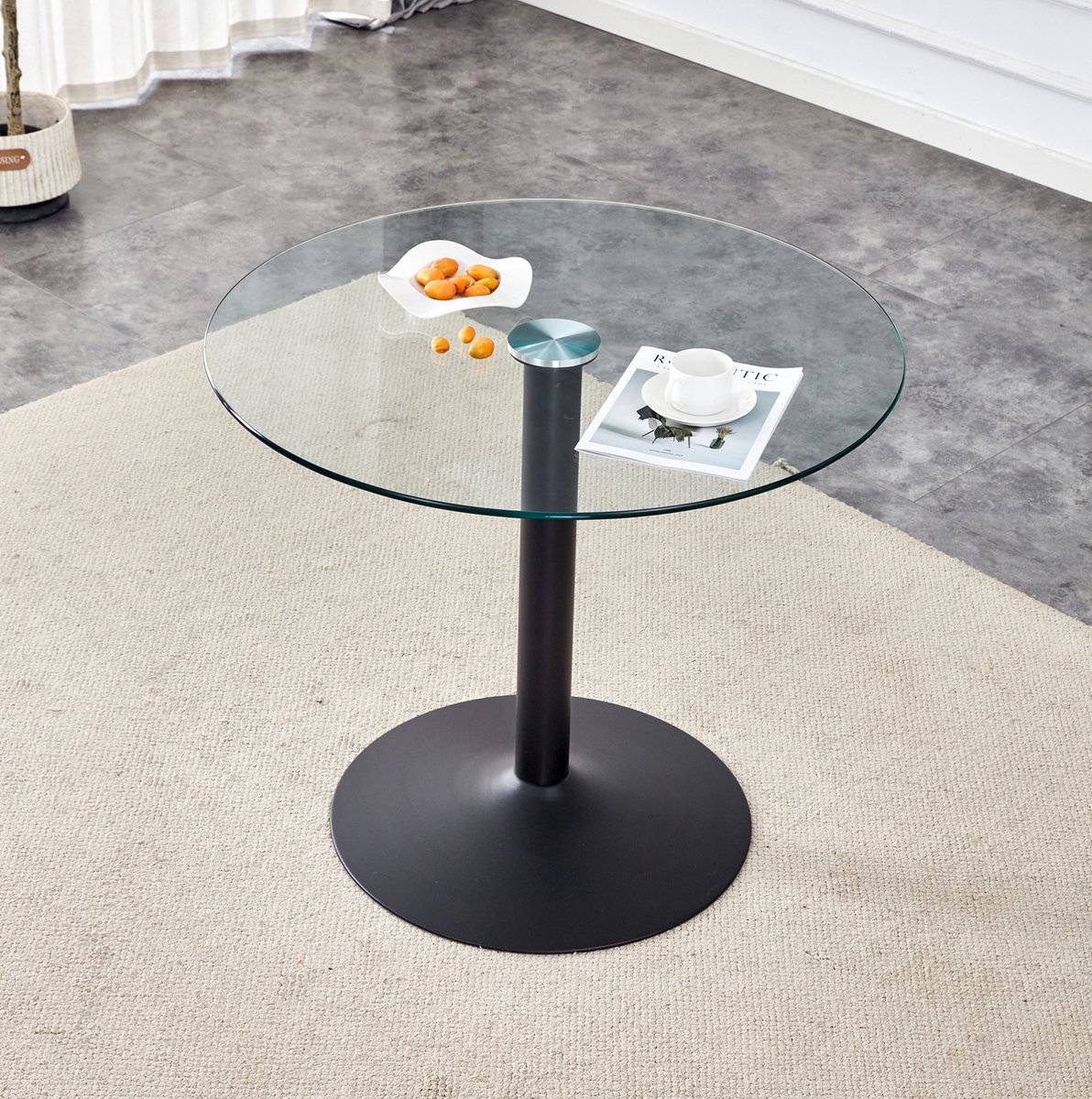 FloraGrace Bartafel - Rond Design Met Gehard Glas En Metalen Voet - Modern Voor Woonkamer, Keuken En Café - Zwart Transparant - 85 Cm