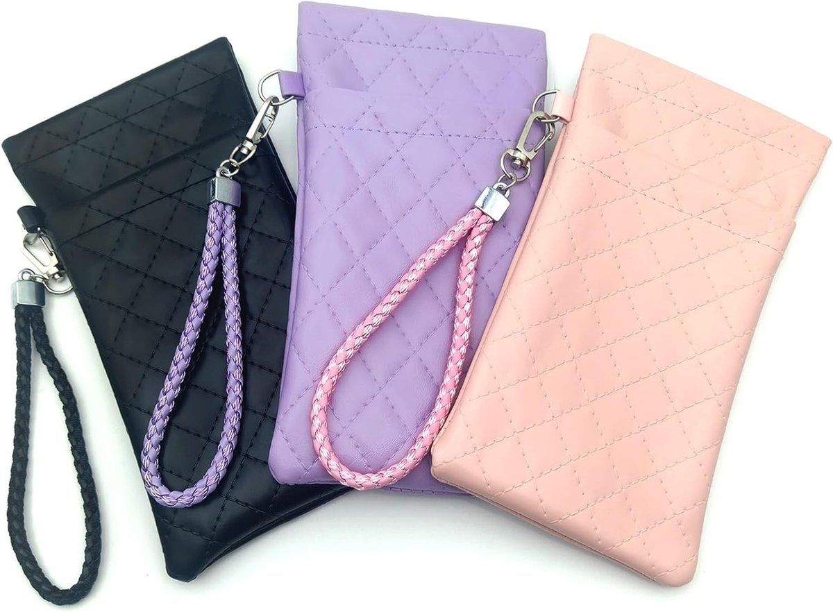 Set van 3 Zachte Dubbele Brillenhoezen van PU Leer, Met Draagriem en Snap Sluiting, Microvezel Brillenpouch voor Vrouwen, Handige Opbergtas voor Zonnebrillen en Leesbrillen