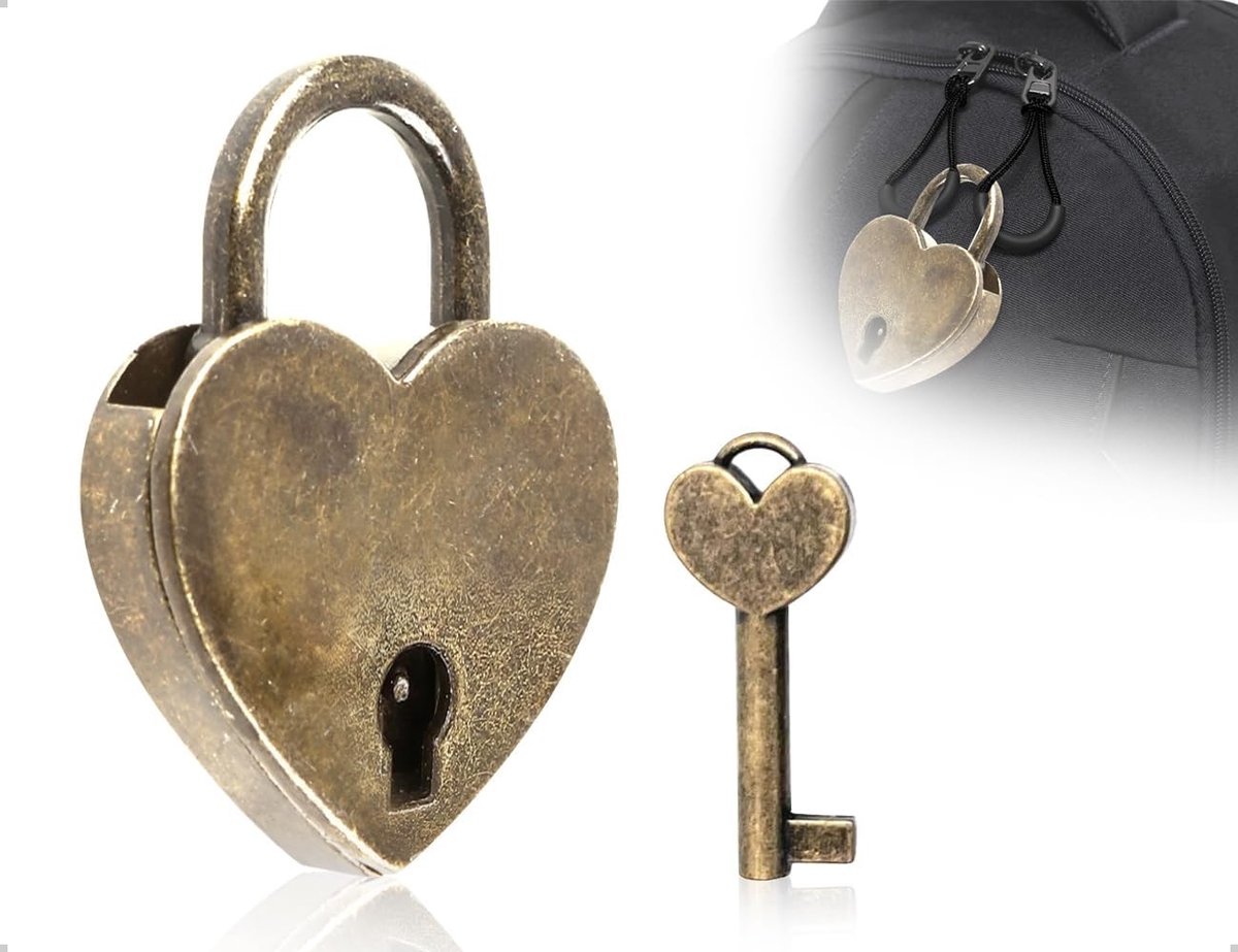 Vintage stijl mini-hangslot met hart en sleutel, perfect voor kast, juwelenkistje en ladegebruik thuis of op kantoor