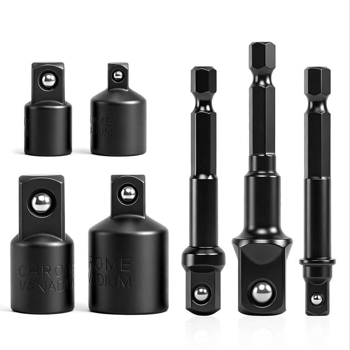 7-delige dopsleuteladapterset met verloopstukken voor 1/4, 3/8 en 1/2 inch, ideaal voor accuboormachines en steeksleutels, perfect voor klussen en onderhoud