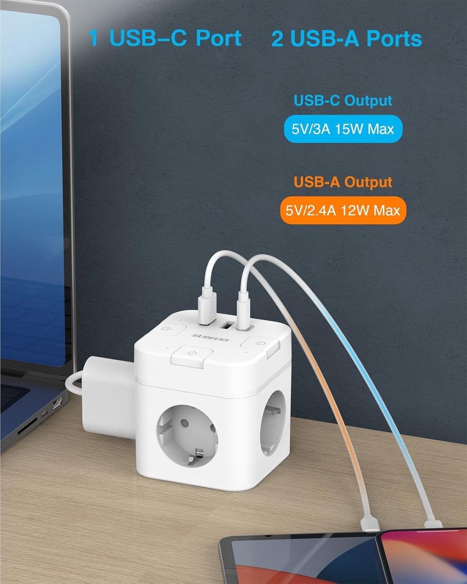 Stekkerkubus met USB-C en 3 Stopcontacten - Platte Stekkerdoos met Afzonderlijke Schakelaars - Ideaal voor Thuis en Kantoor