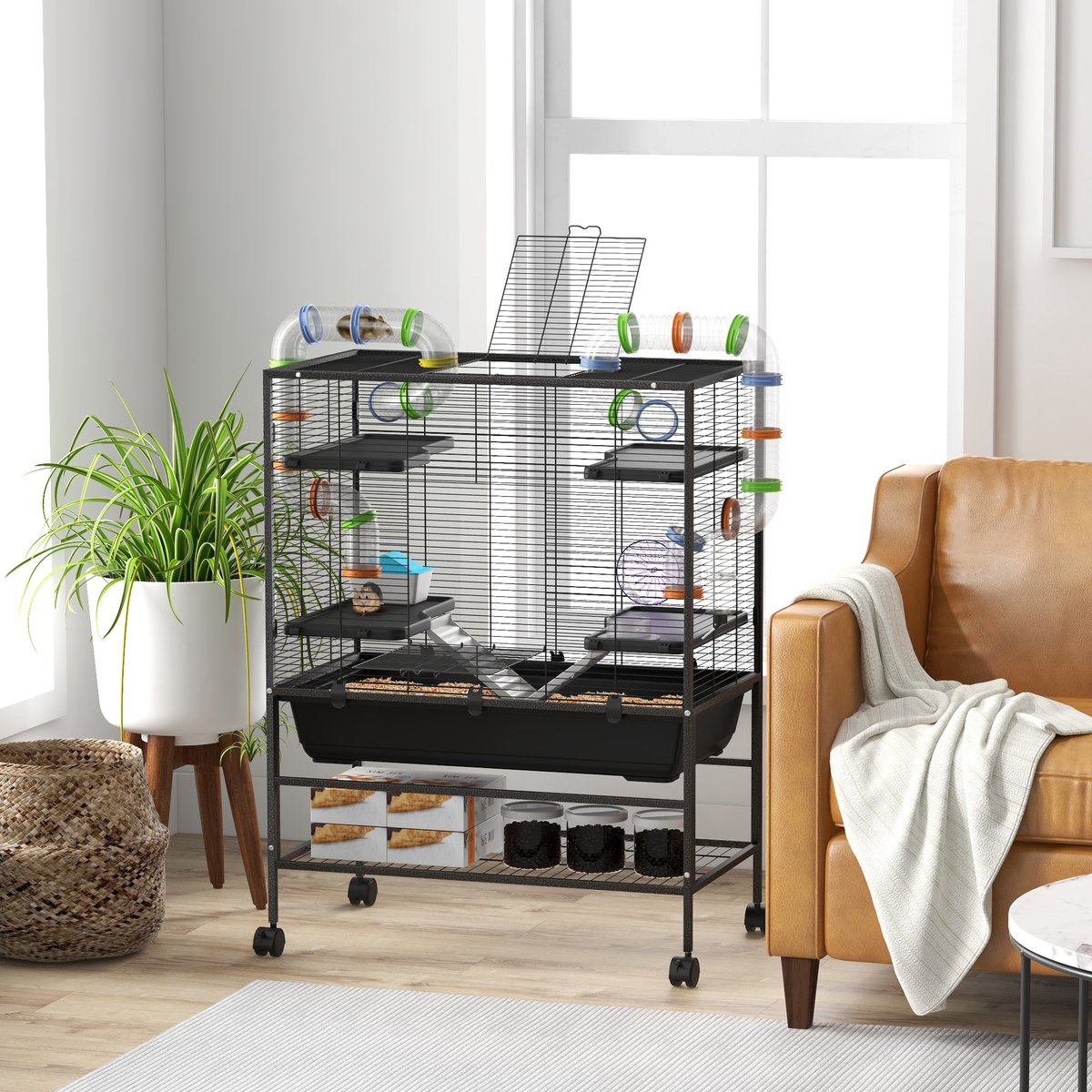 Grote hamsterkooi van 32 inch met opbergplank – kooi voor Syrische hamsters en gerbils, inclusief buizen, loopwiel, voerbakje en drinkfles