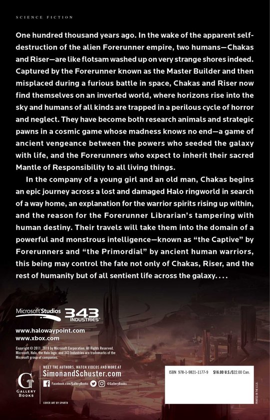 Zwart boek met witte tekst over de plot van Halo: Primordium.