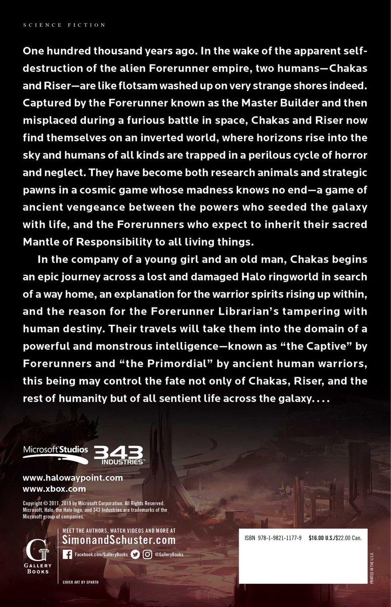 Zwart boek met witte tekst over de plot van Halo: Primordium.