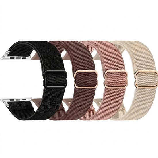 Vier elastische geweven horlogebandjes in zwart, bruin, roze en beige, met verstelbare gespen.