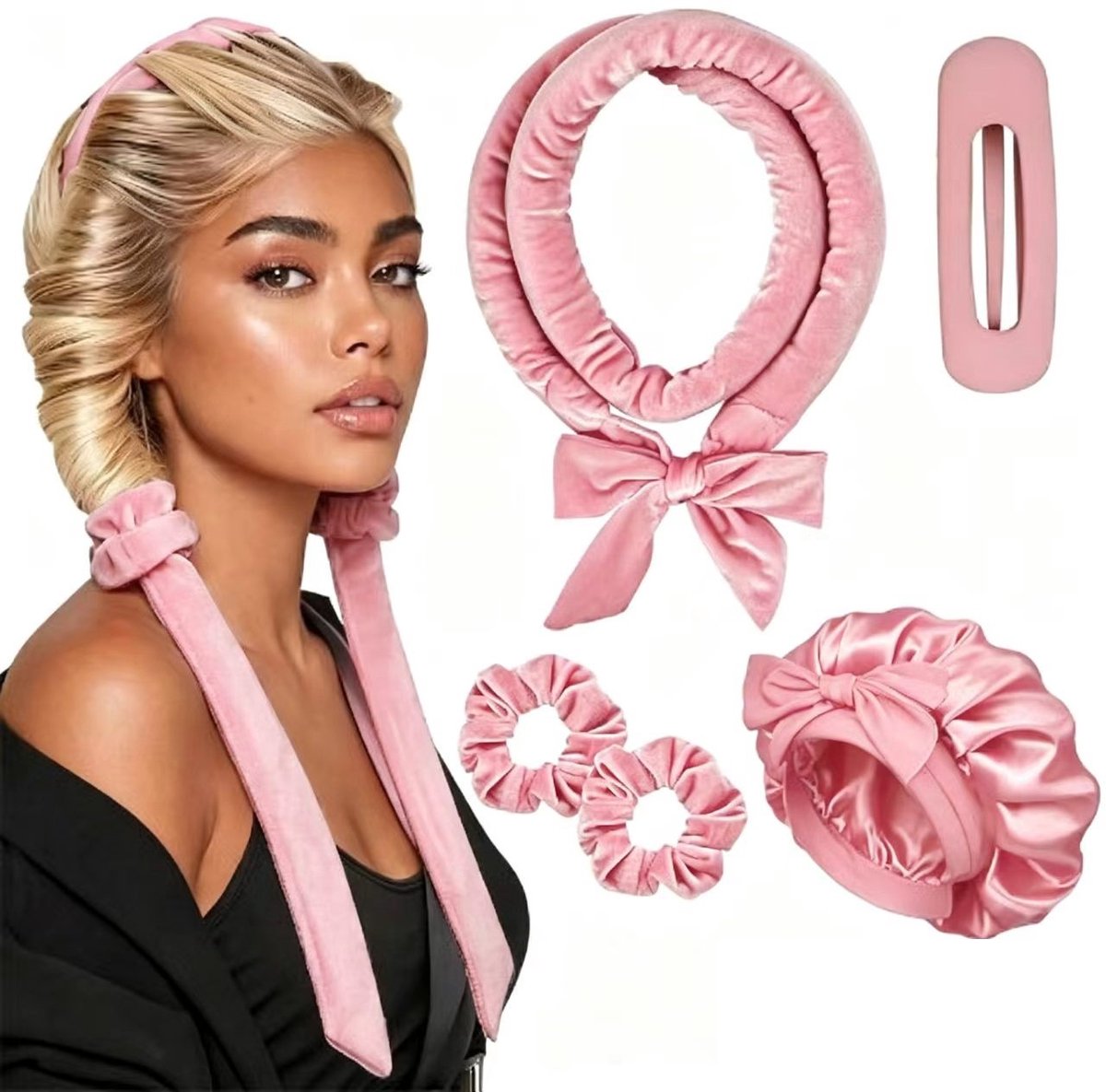 Deze set met hittevrije krultang bevat een zachte en comfortabele haarband, geschikt voor krullen die je 's nachts laat zitten of voor dagelijks gebruik,Roze 5-delige set