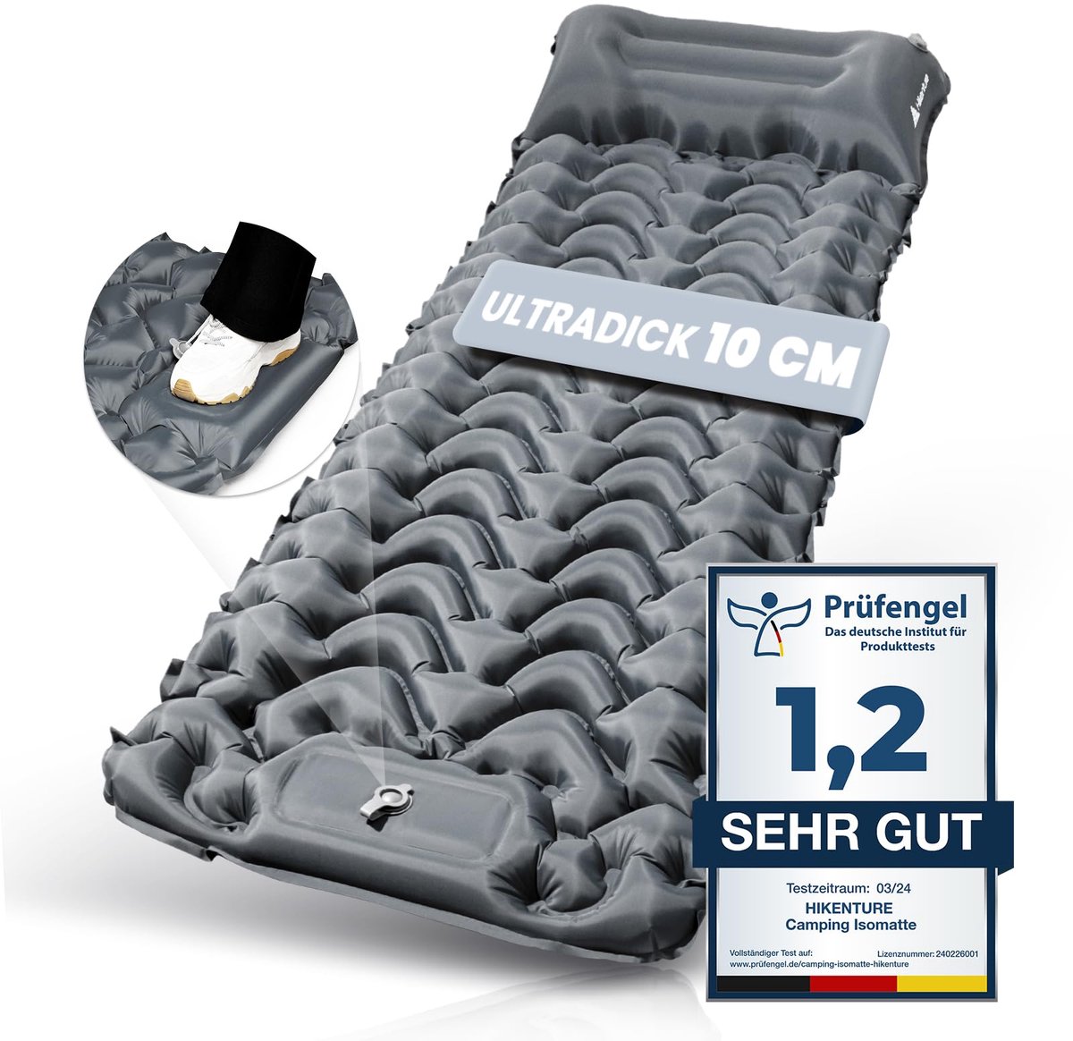 Zelfopblazend Slaapmatras 10 cm - Opblaasbare Campingmat met Voetpomp - Compact Opvouwbaar - Grijs - Voor Kamperen, Wandelen, Trekking & Tent