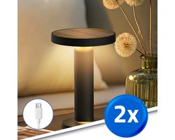 RexTech Tafellamp oplaadbaar ‘Vivro’ - Voordeelset van 2 stuks - Zwart - USB-C oplaadbaar - Werkt ook op zonne-energie - Warm wit licht 3000K - Solar tuinverlichting