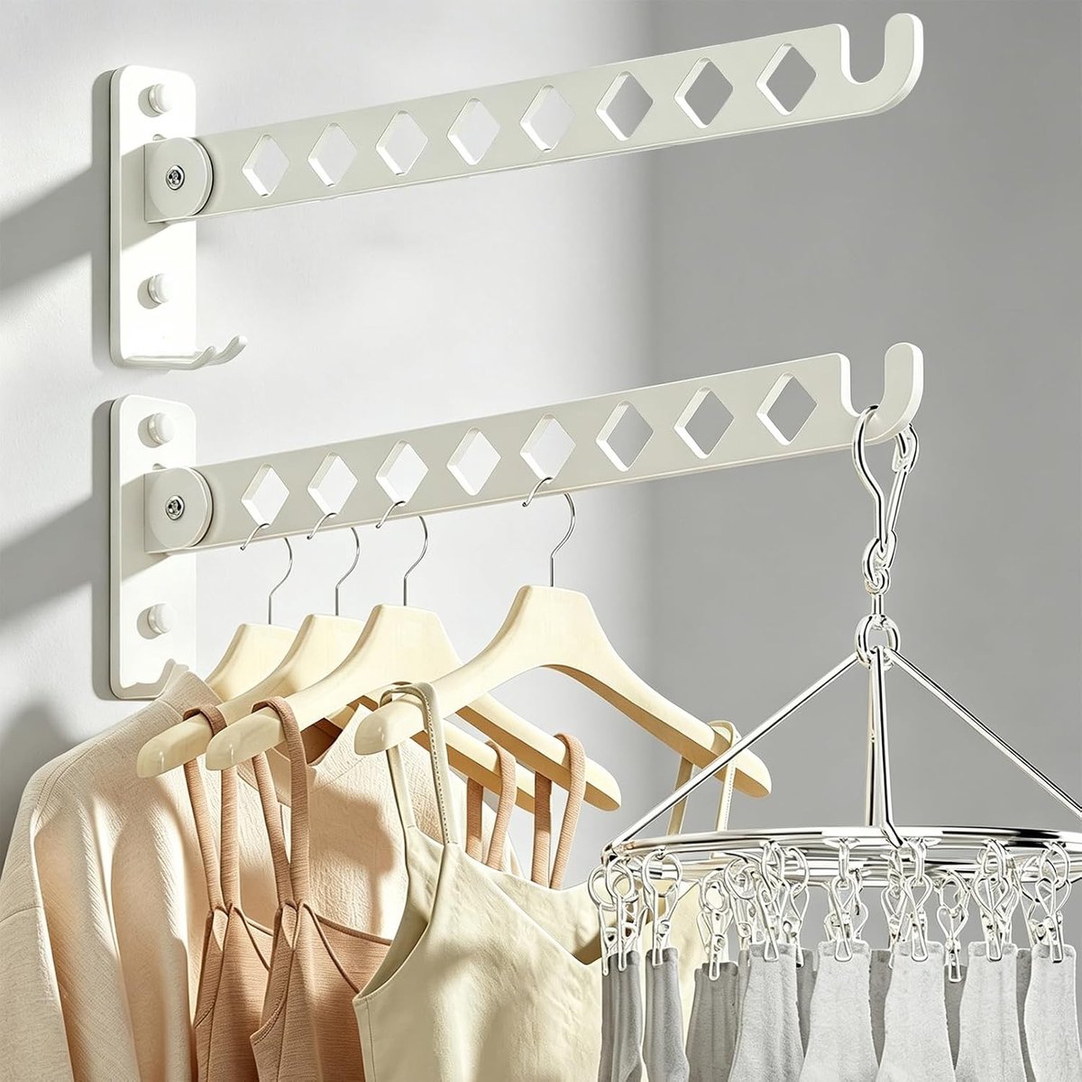 QIN 2 stuks kledinghaken, inklapbaar, wit, ruimtebesparende kledingventilator met 8 gaten, roestvrij staal, klaphaken, garderobehaken, kledingstang voor balkon, badkamer, waskeuken