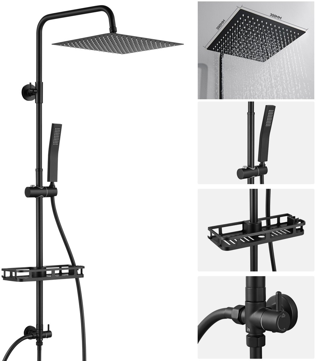 Auralum Max Douchesysteem - Regendouche Ø 30 cm - Met Vierkant Handdouche en Plankje - Zwart Doucheset - Verstelbare Hoogte 72-110 cm - Regendoucheset - Waterbesparend - Matte Zwart