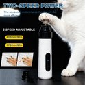 Wit-zwarte nageltrimmer voor huisdieren, 2-traps instelbaar met 6050 en 7700 RPM, met witte kat op achtergrond.