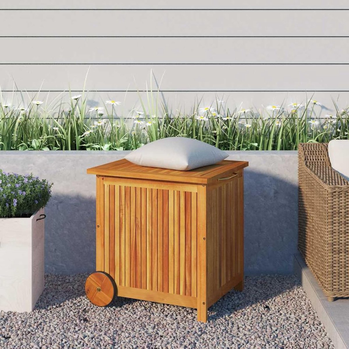 Tuinkist met wieltjes - Opbergkist tuin - Kussens opbergen - Massief acaciahout - 60 x 50 x 58 cm - Houtkleur