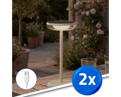 RexTech Tafellamp oplaadbaar ‘Vita’ - Voordeelset van 2 stuks - Zandkleur - USB-C oplaadbaar - Werkt ook op zonne-energie - Warm wit licht 2700K - Solar tuinverlichting